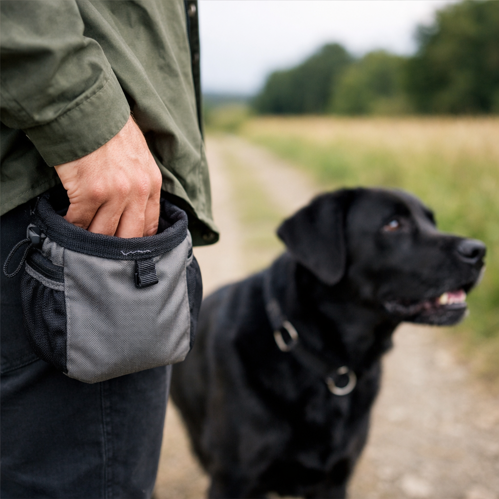 Hundehalter sucht Leckerli im Beutel auf einem Feldweg, während ein schwarzer Labrador beim Training bereits abgelenkt ist.