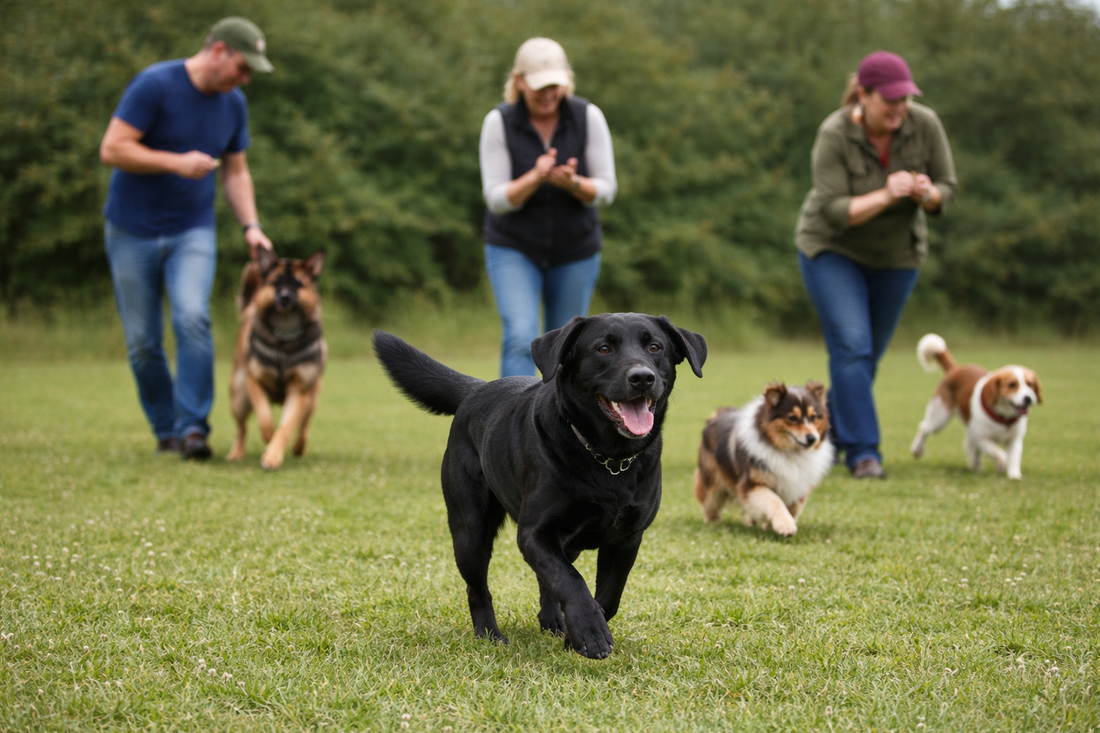 mehrere Hunde in einer Trainingssituation auf einer Wiese - Training draußen