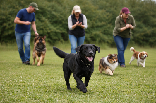 mehrere Hunde in einer Trainingssituation auf einer Wiese - Training draußen