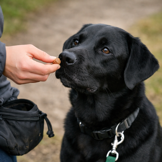 Schwarzer Labrador bekommt beim Hundetraining ein Leckerli aus der Hand des Halters