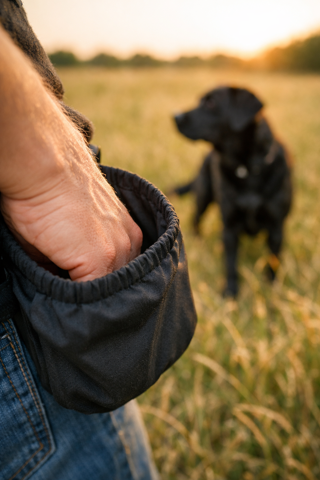 schwarzer Labrador im Training, Hand sucht nach Leckerli aber Labrador ist schon abgelenkt