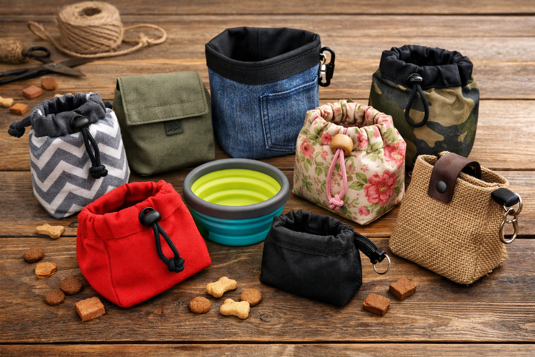 Verschiedene selbstgemachte Leckerlibeutel aus Stoff und unterschiedlichen Materialien auf einem Tisch – DIY Ideen für Hundetraining.