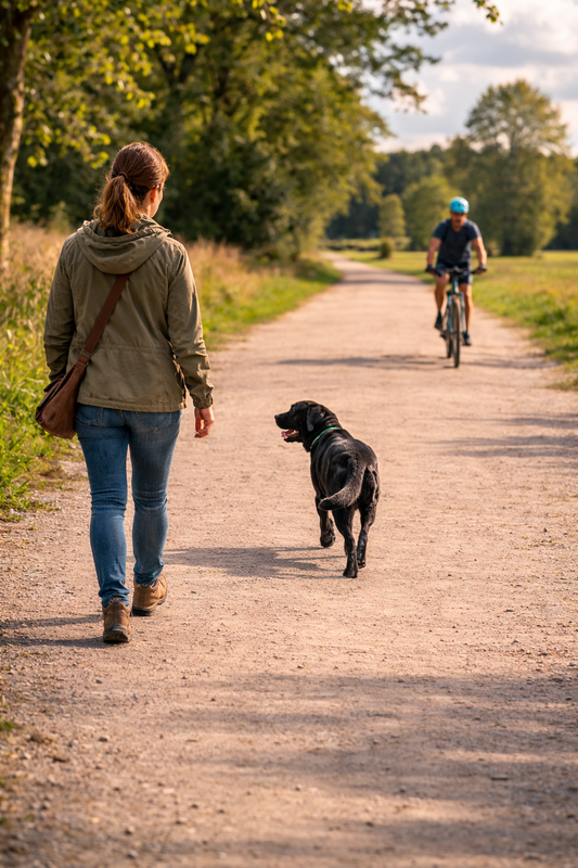 schwarzer Labrador auf einem Feldweg